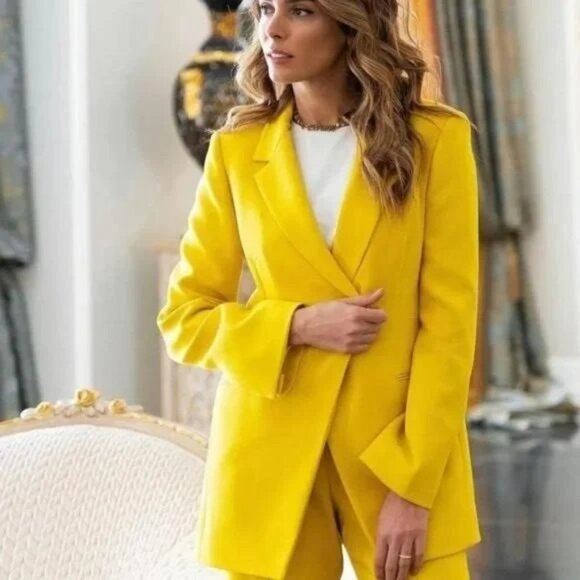 Zara Jackets & Blazers - Zara Blazer XS Yellow Double Breasted Asymmetric Blogger Fave